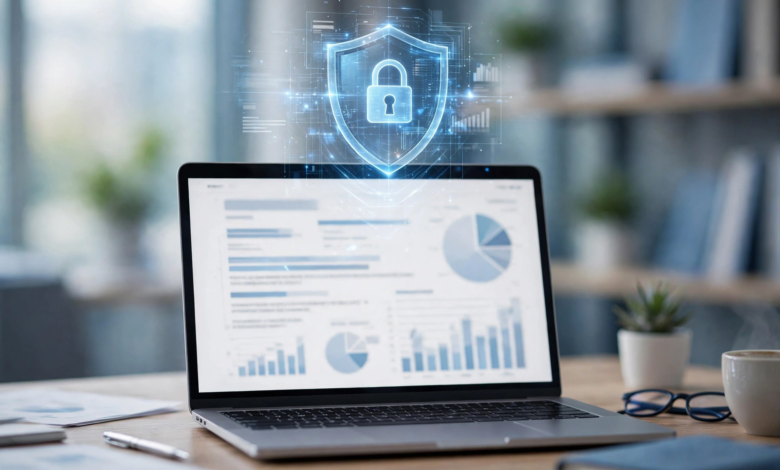 Credit file security concept with a shield icon and credit report on a laptop screen